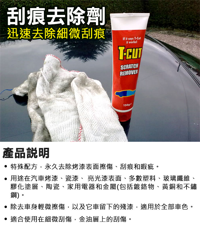 刮痕去除劑迅速去除細微刮痕If it says TCutit works!T-SCRATCHREMOVER產品說明特殊配方,永久去除烤漆表面擦傷、刮痕和暇疵。 用途在汽車烤漆、瓷漆、亮光漆表面、多數塑料、玻璃纖維、膠化塗層、陶瓷、家用電器和金屬(包括鍍物、黃銅和不鏽鋼)。除去車身輕微擦傷,以及它車留下的殘漆,適用於全部車色。適合使用在細微刮傷,金油層上的刮傷。