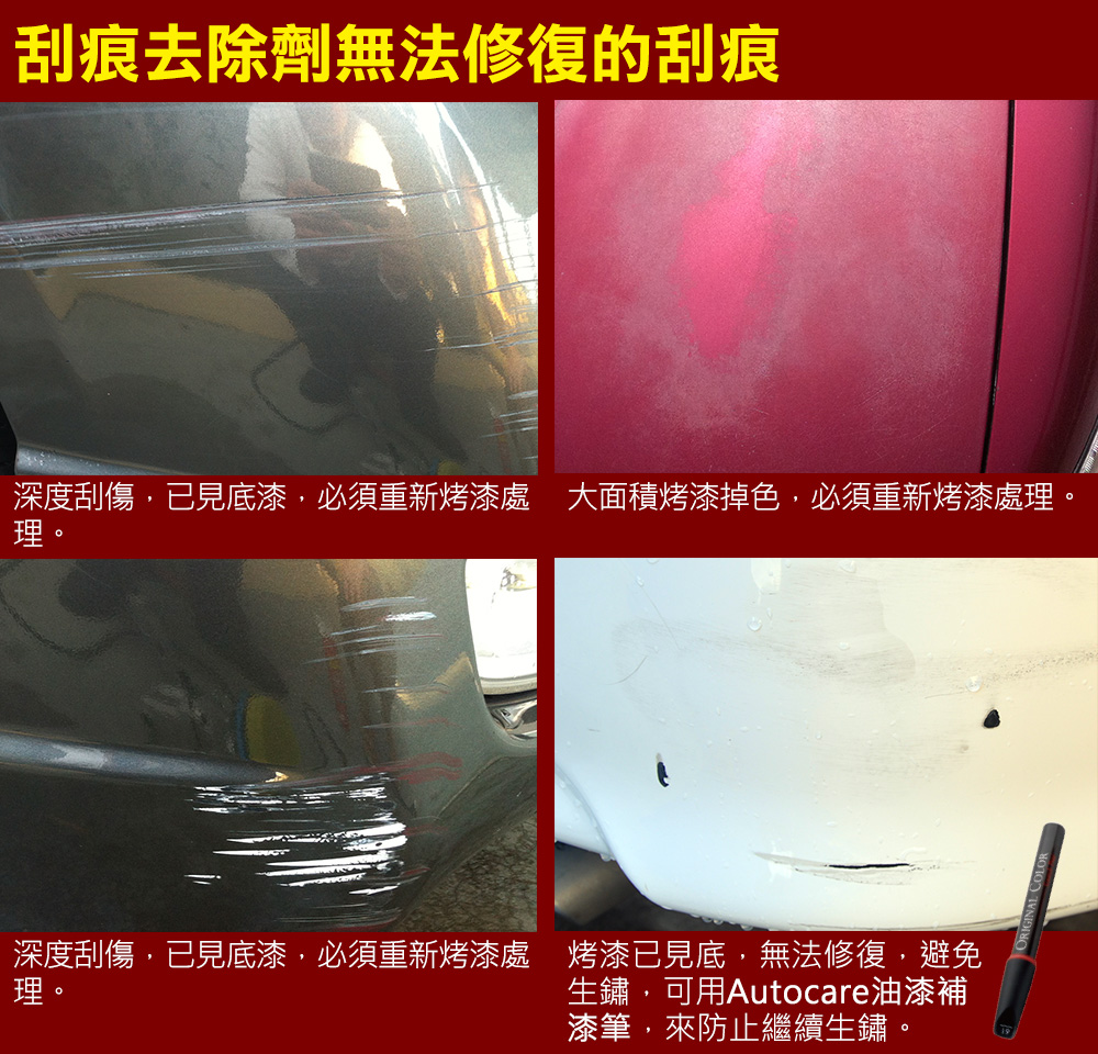 刮痕去除劑無法修復的刮痕深度刮傷,已見底漆,必須重新烤漆 大面積烤漆掉色,必須重新烤漆處理。理。深度刮傷,已見底漆,必須重新烤漆處 烤漆已見底,無法修復,避免理。生鏽,可用Autocare油漆補漆筆,來防止繼續生鏽。