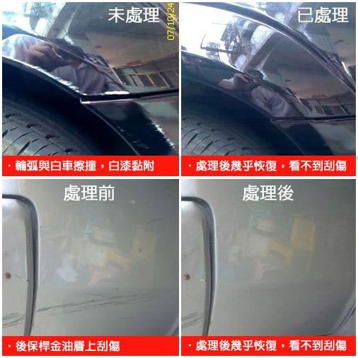 未處理07/10/24已處理輪弧與白車擦撞,白漆黏附處理前處理後幾乎恢復,看不到刮傷處理後後保桿金油層上刮傷處理後幾乎恢復,看不到刮傷