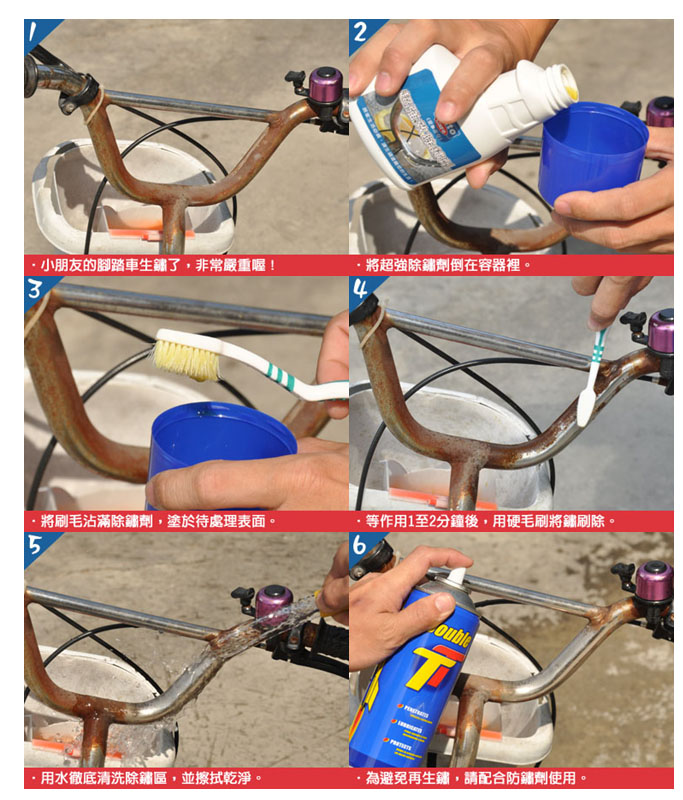 小朋友的腳踏車生鏽了非常嚴重喔!32將超強除鏽劑倒在容器裡。4等作用1至2分鐘後,用硬毛刷將鏽刷除。將刷毛沾滿除鏽劑,塗於待處理表面。5用水徹底清洗除鏽區,並擦拭乾淨。為避免再生鏽,請配合防鏽劑使用。