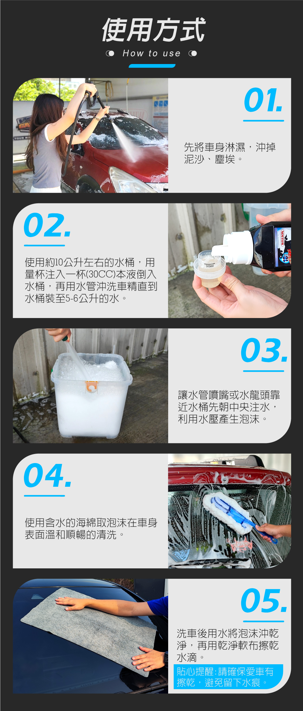 日本Willson 濃縮高泡中性洗車精_使用方式