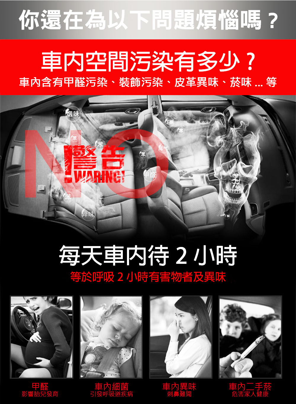 你還在為以下問題煩惱嗎?空間污染有多少?含有醛污染、裝飾污染、皮革異味、菸味烟味警告WARING鼻味 甲每天車内待2小時等於呼吸2小時有害物者及異味甲醛影響胎兒發育車內細菌引發呼吸道疾病車內異味車內二手菸刺鼻難聞危害家人健康